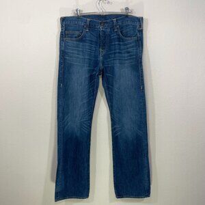 True Religion TRBJ Bobby Jeans Mens 34X 33 Button Fly Whiskered Blue Made in USA